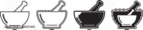 Mortar and pestle pharmacy icons set for laboratory and medical work