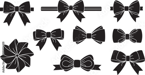 Collection of decorative black gift bows and ribbon knots set design