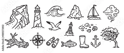 Set of hand-drawn nautical icons featuring a lighthouse, sailboat, anchor, and compass in a simple black and white line art doodle style for travel and adventure concepts