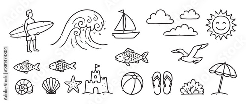 Hand-drawn collection of summer beach doodles featuring a surfer, wave, sailboat, sun, and other seaside elements in a simple black and white line art illustration style