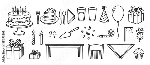 Hand drawn birthday party doodle icon set featuring a cake with candles, gift boxes, balloons, and festive decorations in a simple black and white line art sketch style