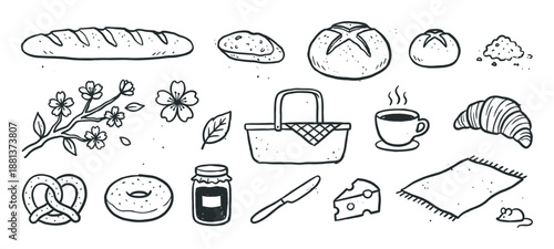 Hand-drawn picnic food and items collection in a black and white doodle style, featuring a basket, bread, cheese, croissant, donut, coffee, and a flowering cherry blossom branch