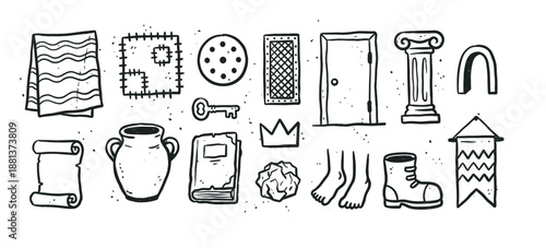 Hand-drawn set of black doodle icons featuring a key, crown, book, door, scroll, and other miscellaneous objects in a simple, sketchy, and grunge-inspired artistic style