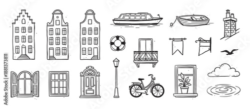 Collection of hand-drawn European city elements featuring canal houses, a boat, bicycle, and architectural details in a simple black and white doodle sketch style for travel concepts