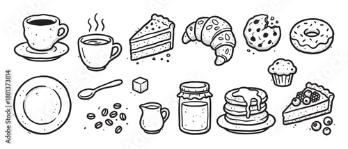 Collection of hand-drawn coffee and dessert icons in a black and white sketch style, featuring a cup, cake, croissant, cookie, donut, and pancakes for a cafe menu design