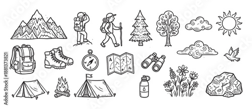 Collection of hand-drawn hiking and camping icons featuring mountains, a tent, a backpack, and a compass in a simple black and white doodle style illustration set
