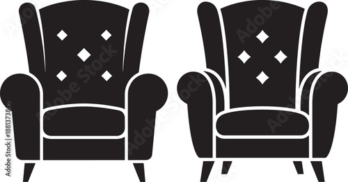 Comfortable classic armchair silhouette icons for home interior design, living room furniture, and cozy relaxation concepts, isolated on white