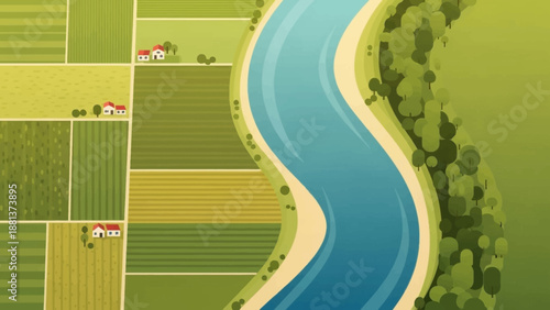 Fields and River: A breathtaking aerial view showcasing a meandering river slicing through an organized patchwork of cultivated fields, presenting an image of human interaction with nature.