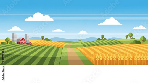 Farm Scene with Harvest Fields: The vibrant image showcases a picturesque farm scene with meticulously cultivated fields, a charming red barn, a silo.
