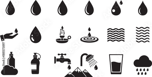 Water drop icons collection with faucet shower and cloud symbols set