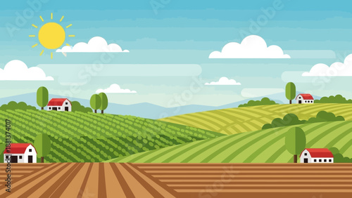 Vibrant Farm Landscape: An idyllic illustration capturing the essence of a serene farm with rolling green fields, quaint farmhouses, and a bright, cheerful sun.