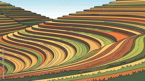 Terraced landscape: Rolling hills gracefully sculpted into vibrant terraces, forming an exquisite mosaic of earthy hues. A panoramic illustration of nature's elegance.