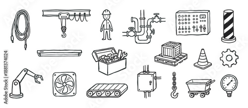 Set of hand-drawn industrial and manufacturing icons including a robotic arm, conveyor belt, factory worker, and crane, illustrated in a simple black and white line art doodle style