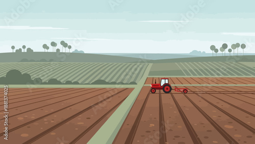 Cultivating the Earth: A vibrant illustration showcasing a red tractor diligently plowing expansive fields under a serene sky, epitomizing the heart of agriculture and farming