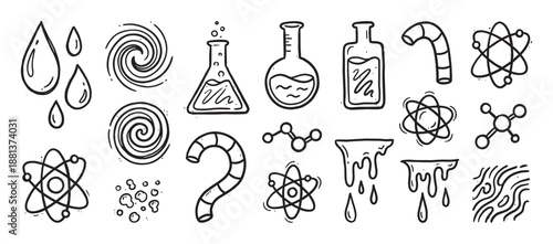 Hand-drawn science and chemistry doodle icons including flasks, beakers, atoms, molecules, and liquid drops in a simple black line art sketch style illustration set