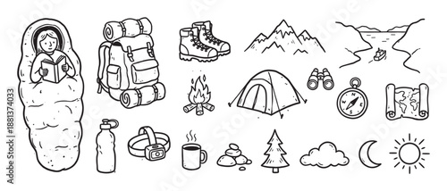 Set of hand-drawn camping and hiking icons featuring a tent, backpack, boots, campfire, and compass in a simple black and white doodle style for outdoor adventure concepts