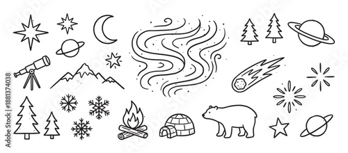 Collection of hand-drawn winter and space doodles featuring a polar bear, campfire, igloo, mountains, stars, and planets in a simple black and white line art illustration style