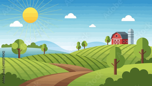 Countryside Serenity: A quaint rural scene, showcasing a charming red barn nestled amidst rolling hills under a radiant sun, creating a picturesque landscape.