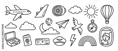 Collection of hand-drawn travel and aviation icons in a black and white doodle style, featuring an airplane, passport, compass, clouds, and hot air balloon for adventure concepts