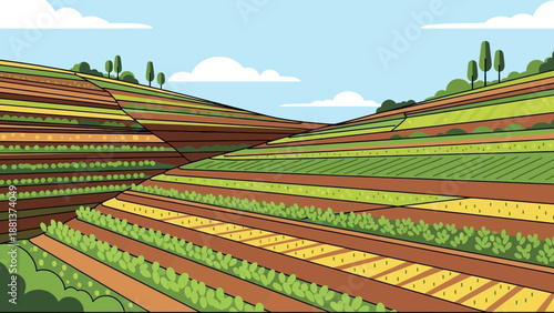 Farmland Layers: Capturing the beauty of farmland with vibrant strips of crops across rolling hills, an inviting scene of agriculture, highlighting natural landscapes.
