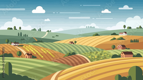 Panoramic Countryside Illustration: An idyllic countryside landscape, with rolling hills and fields of varying crops, with a blue sky above, capturing the tranquility of rural life.