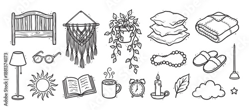 Collection of hand-drawn bedroom items for comfort and relaxation, including a bed, pillows, macrame, and a steaming mug in a cozy doodle line art style