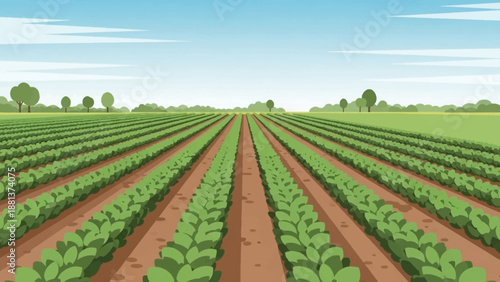Cultivated Landscape: An expansive agricultural vista unfolds, showcasing rows of vibrant green crops stretching towards the horizon, symbolizing growth and sustenance. 