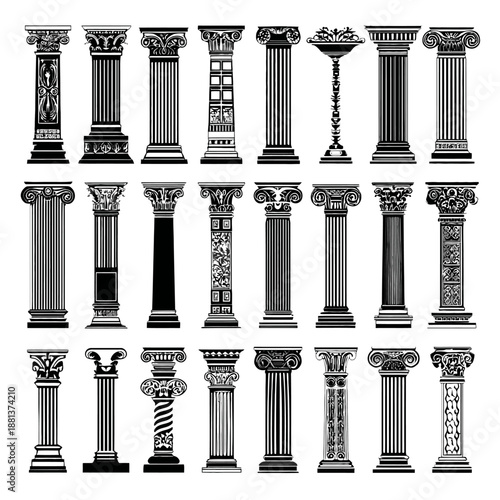 Set of Classical Architectural Columns, Ancient Greek and Roman Styles, Historical Building Elements, Decorative Vectors