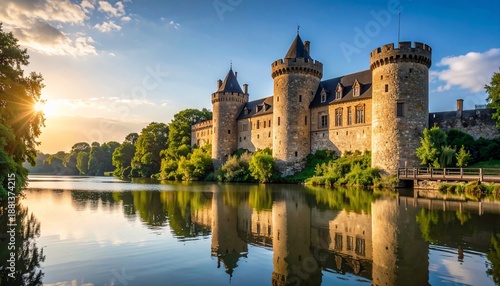 Majestic stone castle with towers on a lake reflecting golden sunrise light