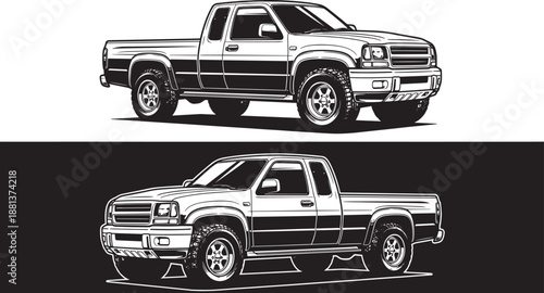 Two pickup truck outlines facing forward on dark background