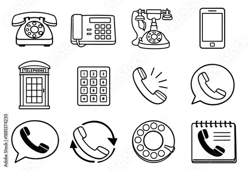 Line art communication icon set featuring diverse phones and call symbols for contact and connectivity