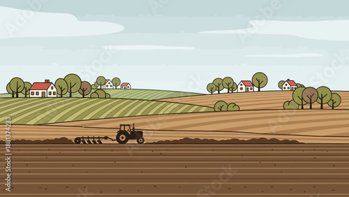 Agricultural Scene: A tractor plows through the field, with rolling fields and houses in the background, a picturesque display of countryside agriculture.