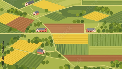 Agricultural Harmony: An aerial view showcases the picturesque patchwork of farm fields and barns, creating a scene of pastoral beauty and agricultural diversity.