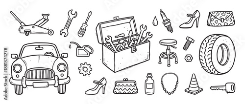 Hand-drawn doodle set of car repair tools and women's fashion accessories in a black and white sketch style, featuring a vintage automobile, toolbox, tire, high heels, and purse