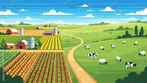 Rural Harmony: A picturesque landscape of a farm, with its vibrant fields, quaint barns, and a sense of serenity. capturing the essence of country living.