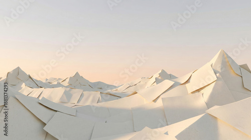 Abstract Landscape of Paper Sheets Forming Mountains at Sunset