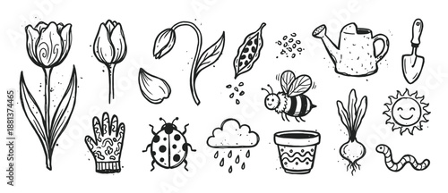 Hand-drawn black and white gardening doodle set with tulips, a bee, a watering can, and other spring icons in a charming, sketchy, textured line art illustration style