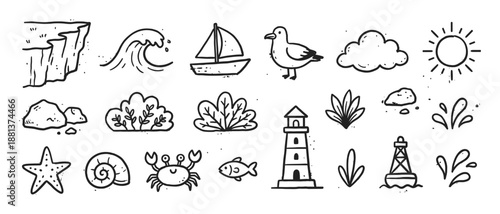 Collection of hand drawn nautical icons featuring a lighthouse, sailboat, crab, and seagull in a simple black and white doodle style for marine and coastal themes