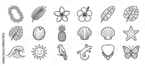Hand-drawn doodle icon set of tropical elements featuring a flower lei, palm leaf, hibiscus, pineapple, and seashell in a simple black and white line art sketch style