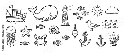 Set of hand-drawn nautical doodle illustrations featuring a cute whale, fishing boat, lighthouse, crab, and other marine life elements in a simple black and white sketch style