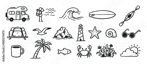 Set of hand-drawn black line icons representing summer vacation, beach life, and camping adventures, illustrated in a simple, minimalist doodle style