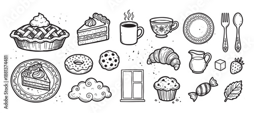 Collection of hand-drawn bakery and cafe icons featuring pie, cake, coffee, and dessert elements in a charming black and white doodle sketch style for cozy food concepts