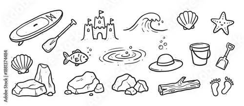 Hand-drawn summer beach vacation doodle set with a sandcastle, surfboard, seashell, starfish, and wave elements in a simple black and white line art cartoon illustration style