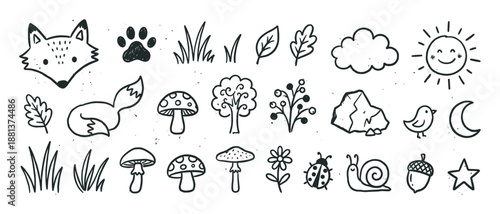 Set of cute hand-drawn forest nature icons featuring a fox, mushrooms, sun, and woodland animals in a simple black and white doodle style with a textured grunge effect
