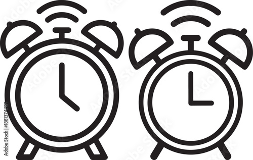 Ringing Alarm Clock Icons in Black and White Line Art, Vector Illustration for Time Management, Morning Wake Up, and Deadline Concepts