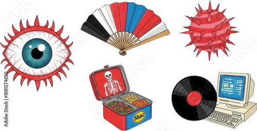 A collection of quirky illustrated icons featuring a bloodshot eye a striped fan a spiky red sphere a lunchbox with a skeleton a vinyl record and an old computer virus illustration transparent