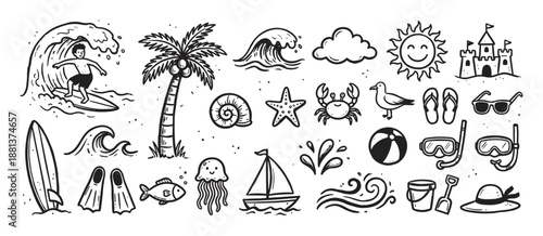 Collection of hand-drawn black and white summer beach icons featuring a surfer, palm tree, sandcastle, and sea animals in a cute, playful doodle illustration style for vacation themes