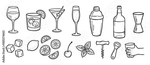 Hand-drawn black and white cocktail illustrations set with various glasses, a shaker, bottle, fruit, and bar tools in a doodle sketch style for menu or party designs