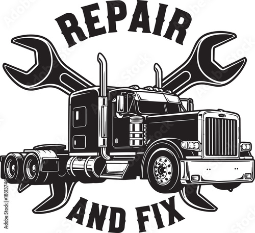 Truck repair and fix service emblem with large crossing metal tools
