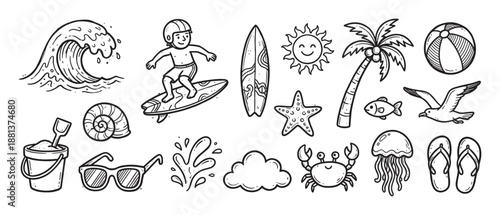 Set of hand-drawn summer beach doodles featuring a surfer, wave, palm tree, crab, and other vacation elements in a cute black and white line art cartoon illustration style